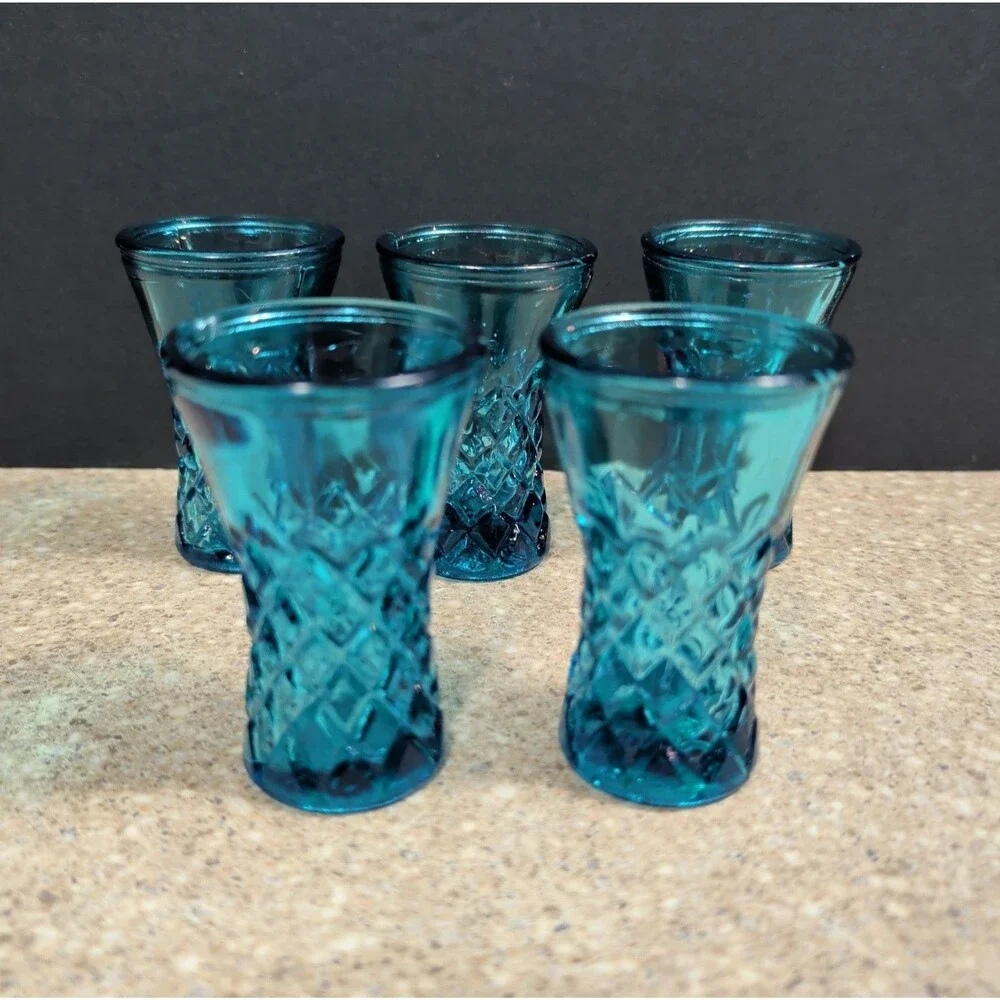 Set of 5 Vintage Diamond Pattern Blue Glass Shot Glasses Made in Tawian